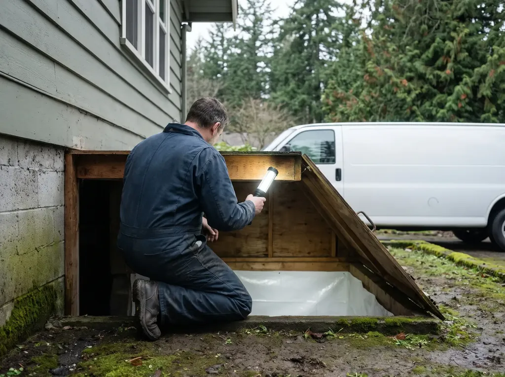 Technician heading into a crawl space with a work light