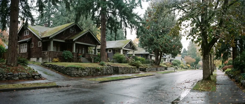 Older craftsman homes on a Bellingham street after rain