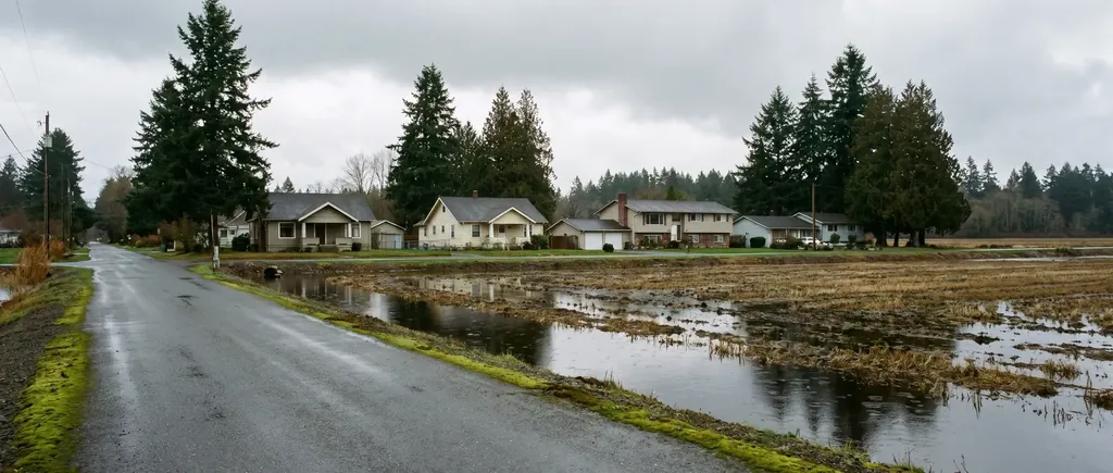 Low farmland and homes near Ferndale with wet fields
