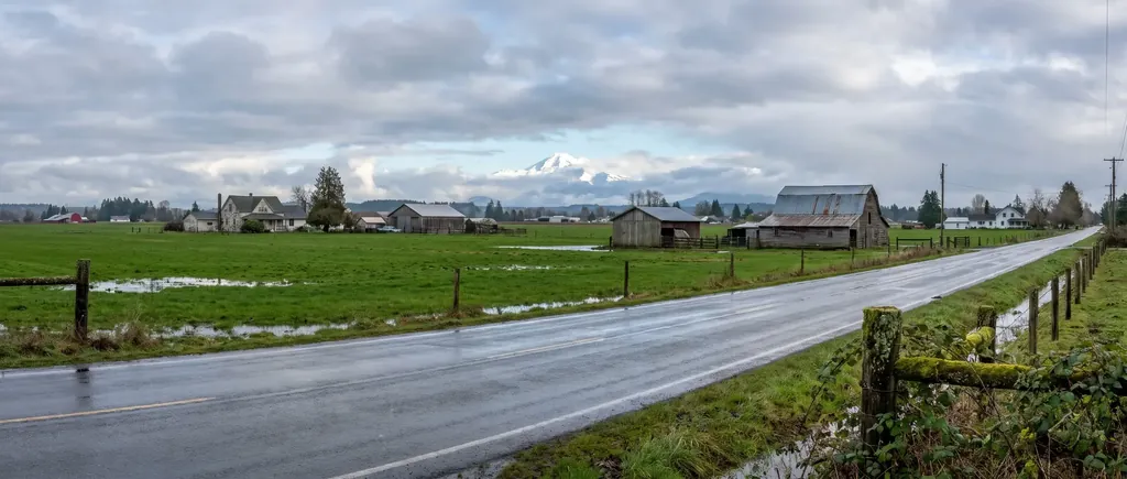Whatcom County farmland with Mount Baker beyond