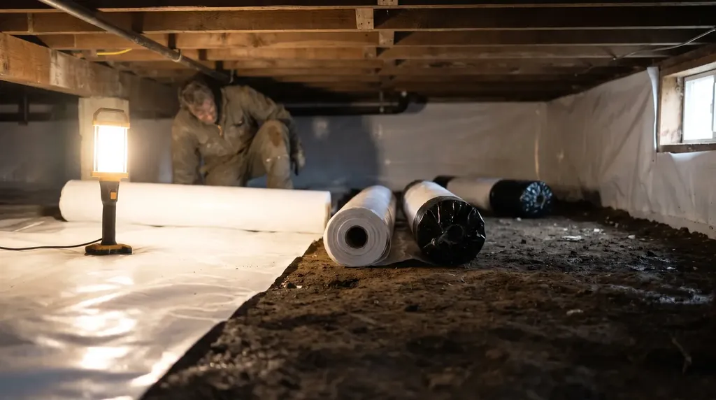 Half-finished crawl space encapsulation with liner partly laid