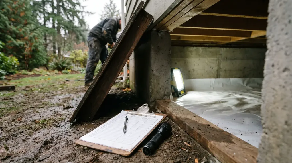 Clipboard and flashlight at an open crawl space hatch