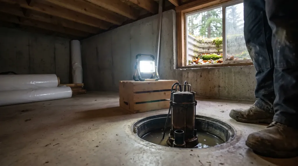 Sump basin with a pump in a basement floor