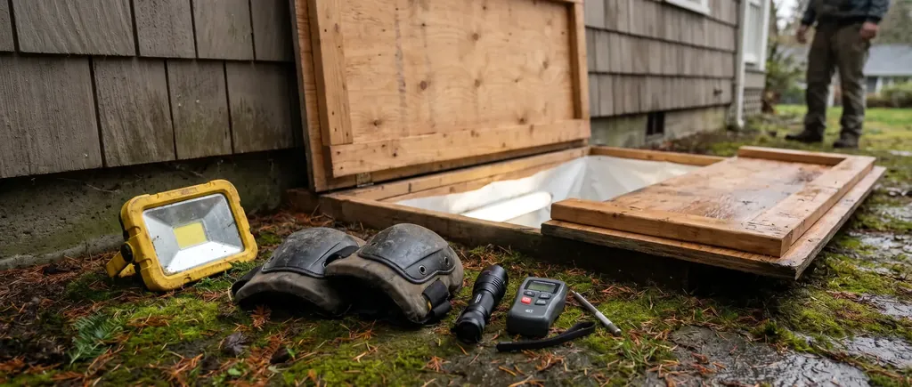 Work light, knee pads and a moisture meter at a crawl space hatch