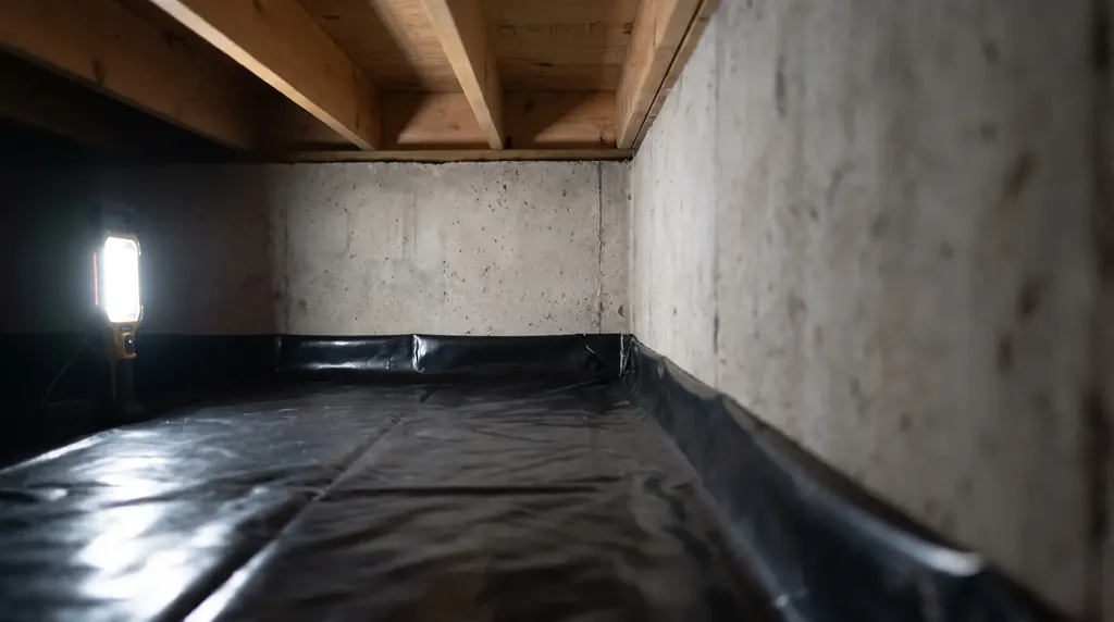 Plastic ground cover meeting a bare foundation wall in a crawl space