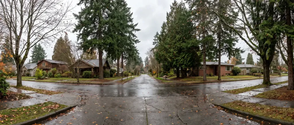 Quiet Bellingham street lined with tall trees after rain