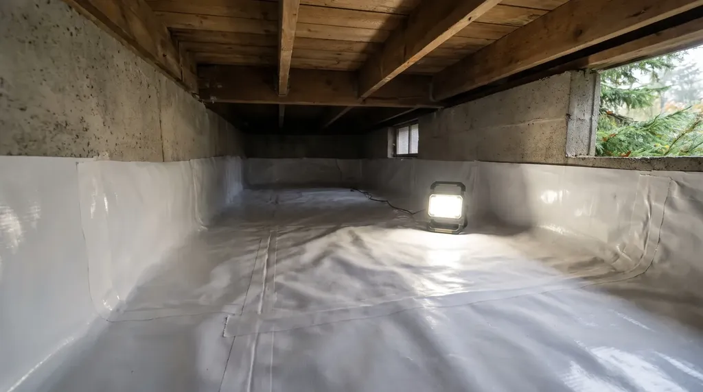 Crawl space under a Bellingham home sealed with a white liner and kept dry
