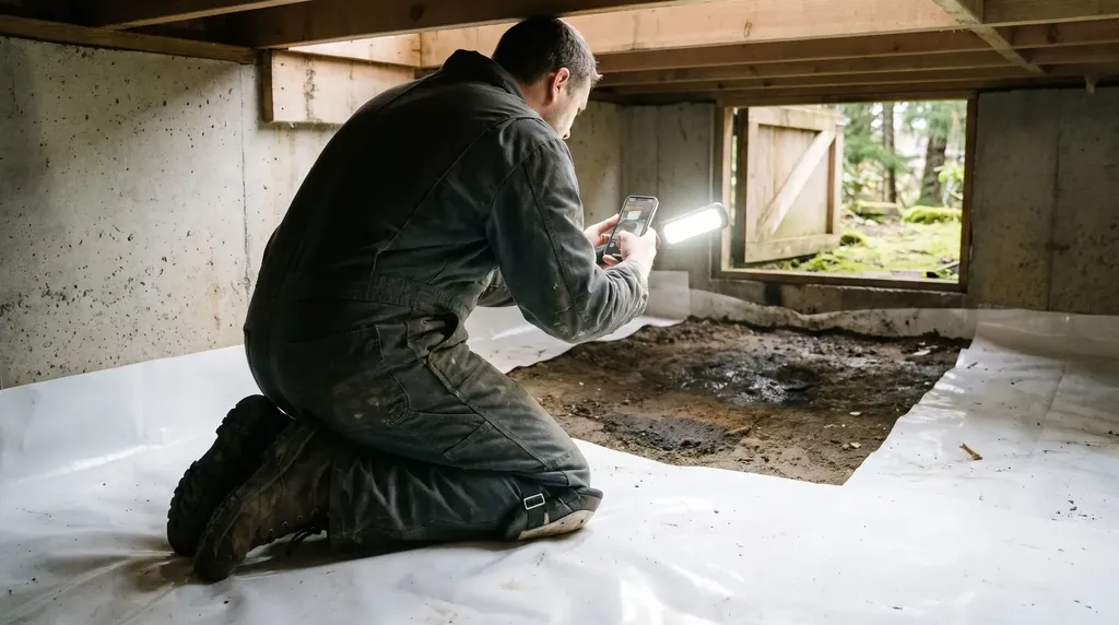 Technician photographing a crawl space during an inspection
