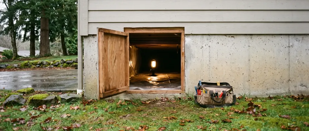 Crawl space access door at the base of a Pacific Northwest home