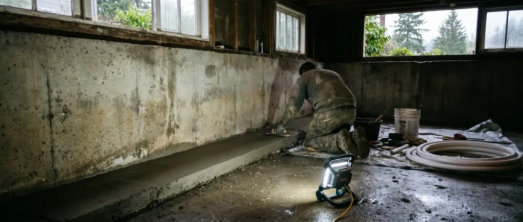 Unfinished basement with an interior drainage channel along the wall