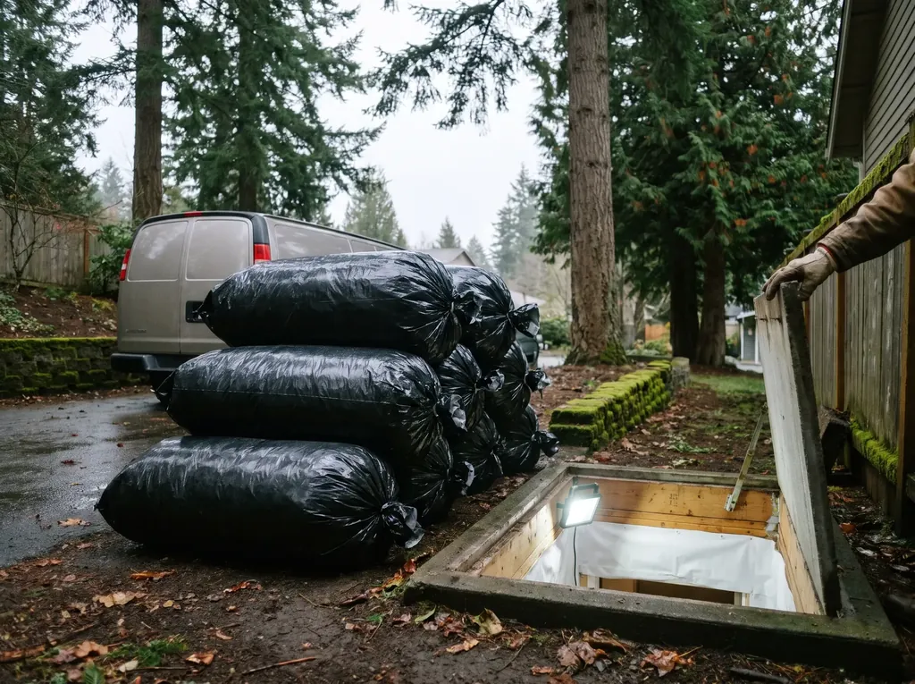 Bags of removed insulation outside a crawl space hatch