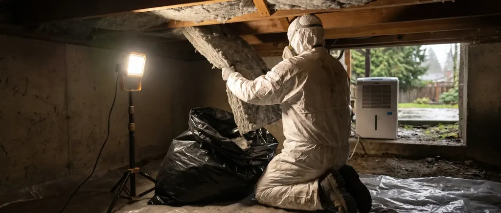 Technician bagging old insulation removed from a crawl space