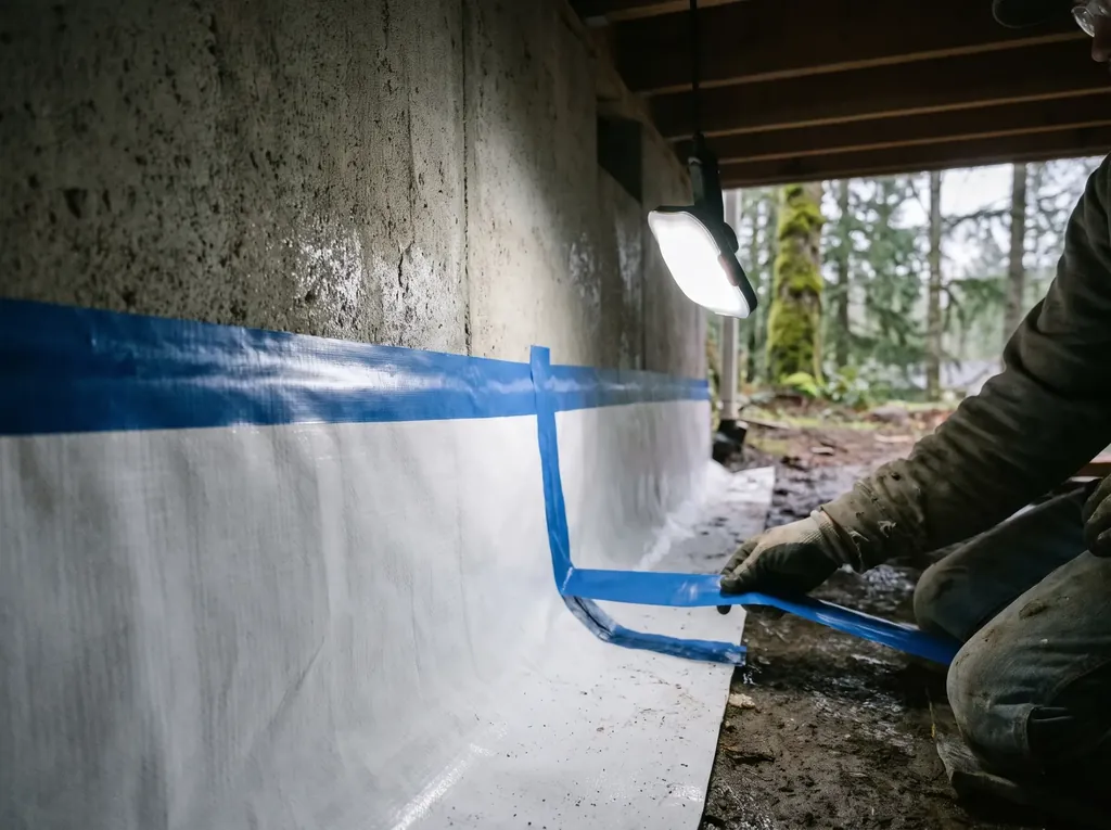 Taped seam where crawl space liner meets the foundation wall
