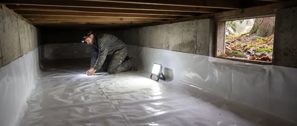 Sealed crawl space with white liner on the ground and walls