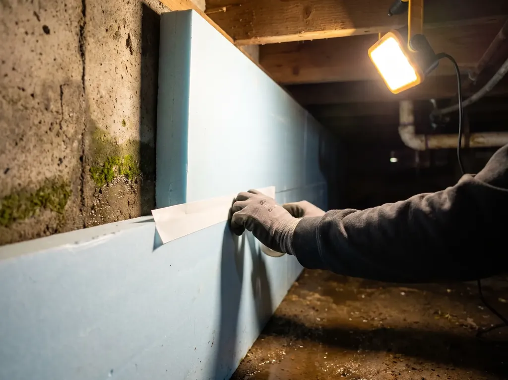 Rigid foam insulation board on a crawl space wall