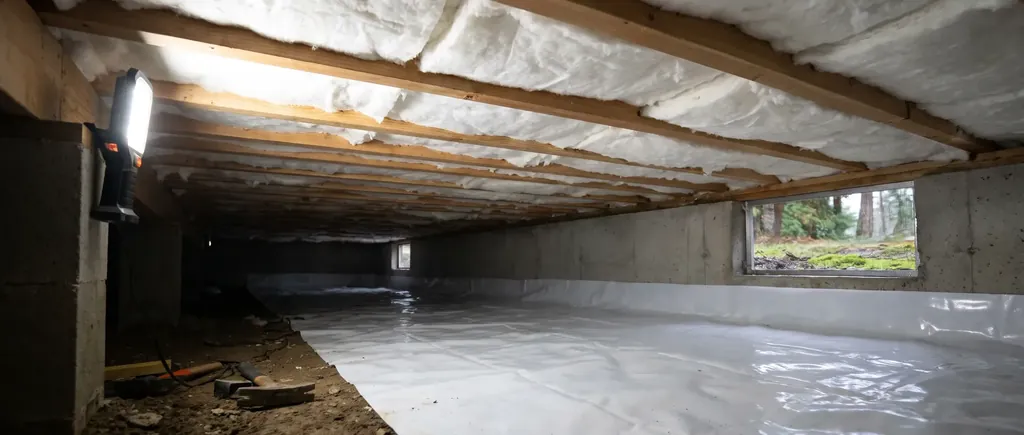 New insulation installed between crawl space floor joists