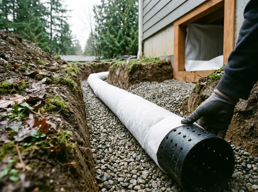 Perforated drain pipe wrapped in filter fabric in a gravel trench