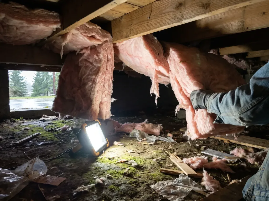 Old fallen insulation and debris in a crawl space
