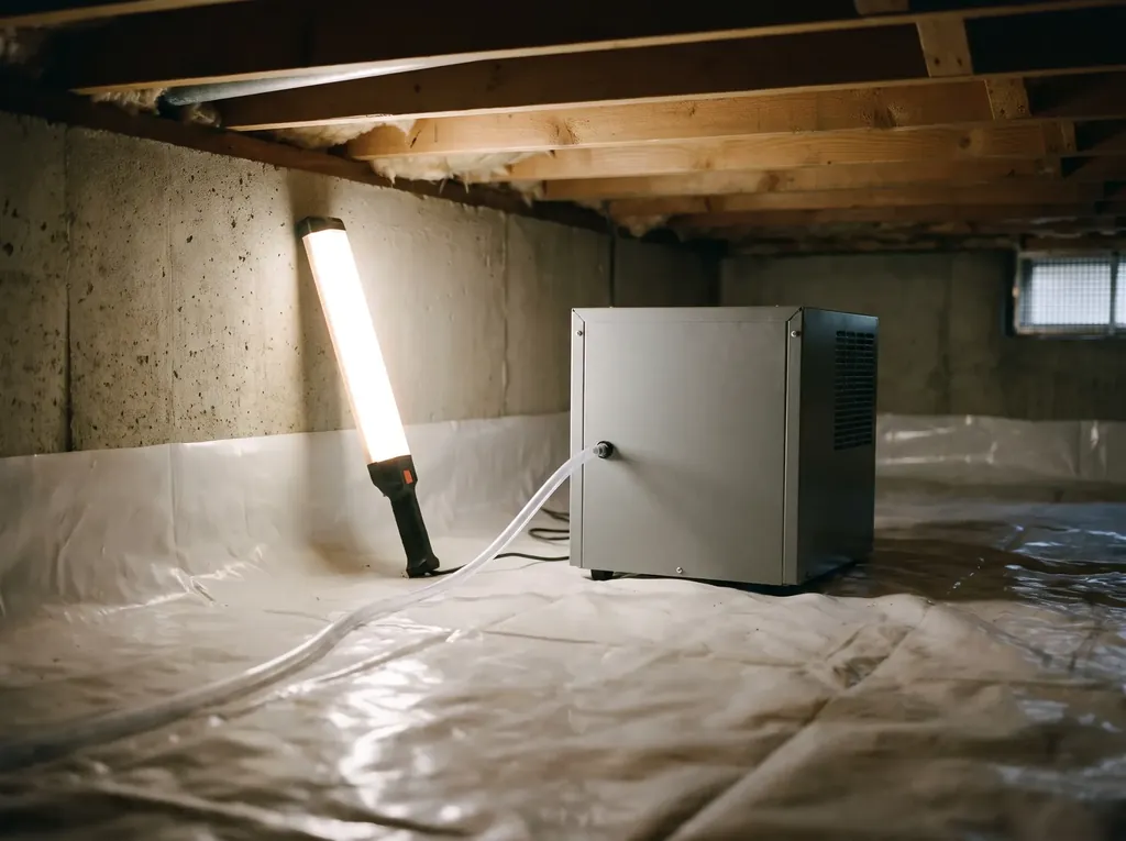 Dehumidifier on a sealed crawl space floor