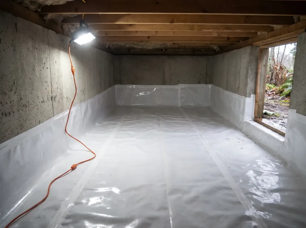Encapsulated crawl space with sealed white liner