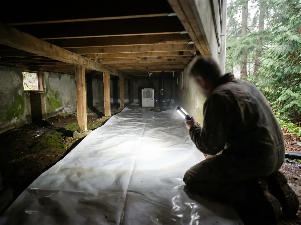 Flashlight beam across a crawl space during an inspection