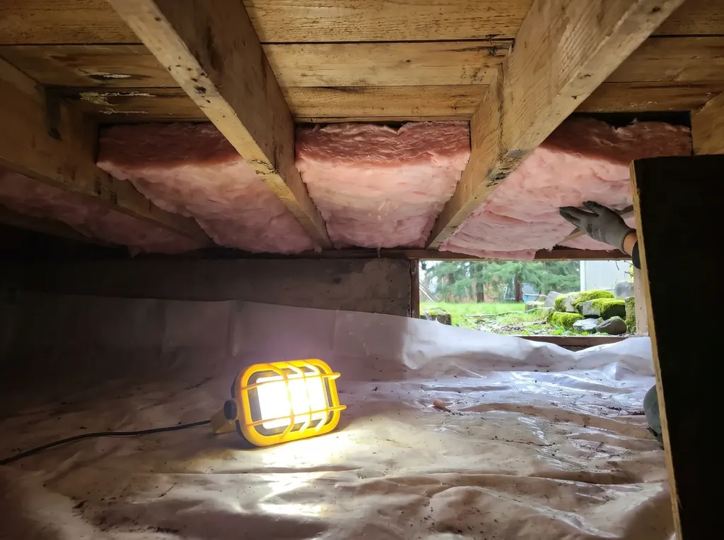 Insulation fitted between crawl space floor joists