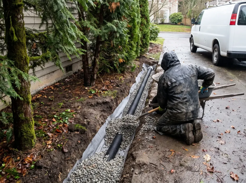 Trench with perforated pipe and gravel beside a house
