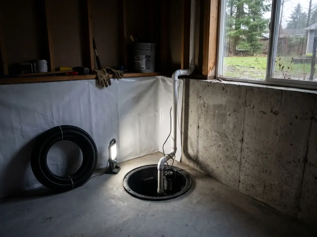Sump pump in a basin with a discharge pipe