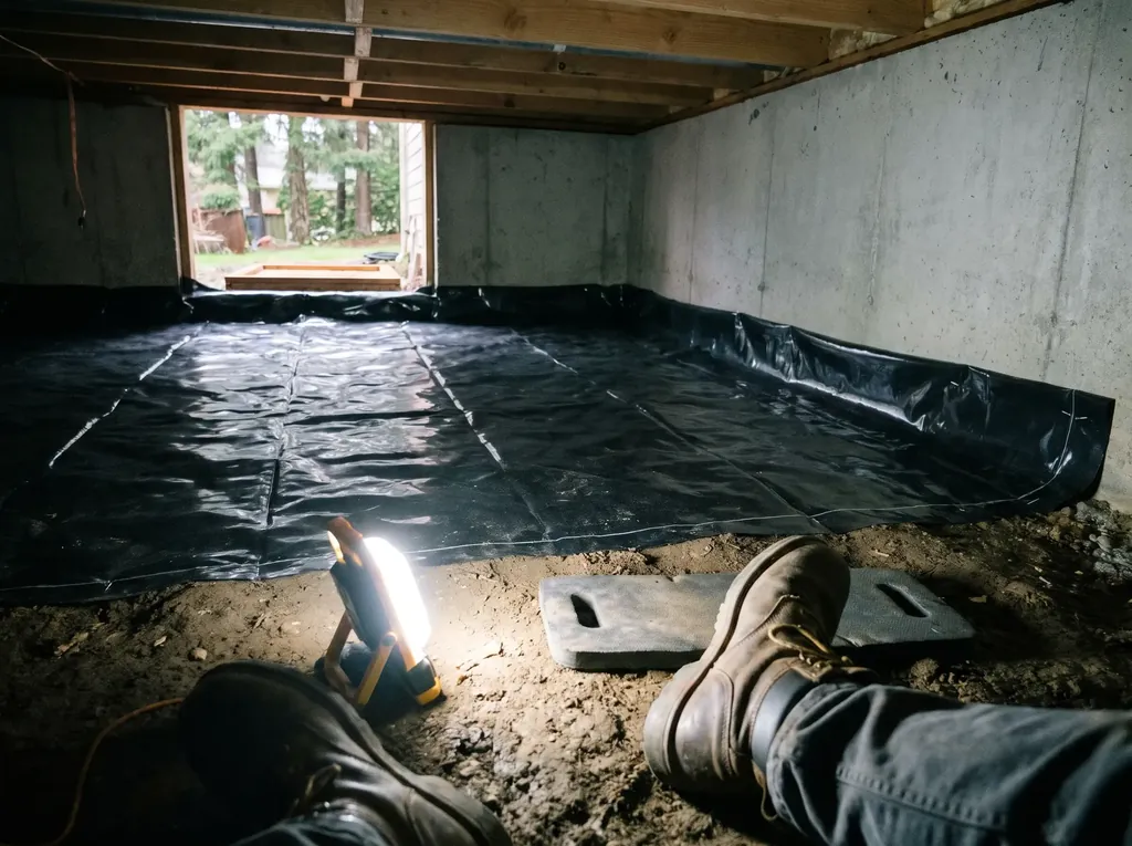 New plastic vapor barrier laid over crawl space ground
