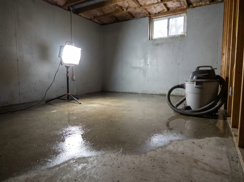 Shallow standing water on a basement floor