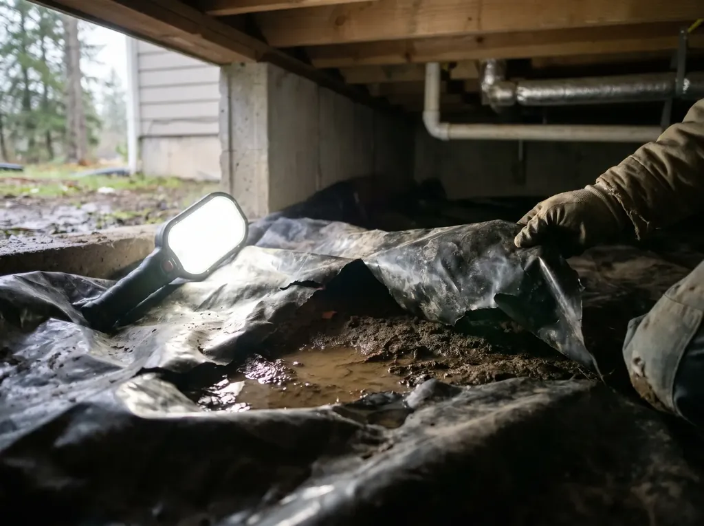 Torn old vapor barrier over wet crawl space soil