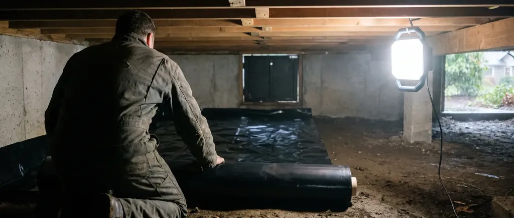 Technician laying a new vapor barrier in a crawl space